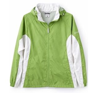 Columbia Womens Packable Windbreaker Jacket Lime Green White Hooded Full Zip M‎